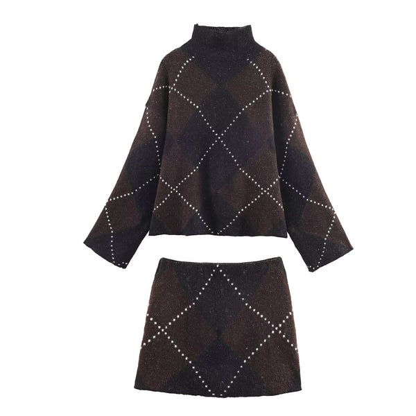 Vera | Argyle Knit Sweater Set Brown Studded Turtleneck