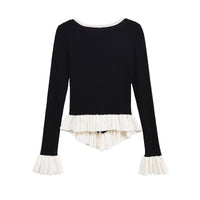 Vera | V Neck Knit Top Black Cream Ruffled Trim