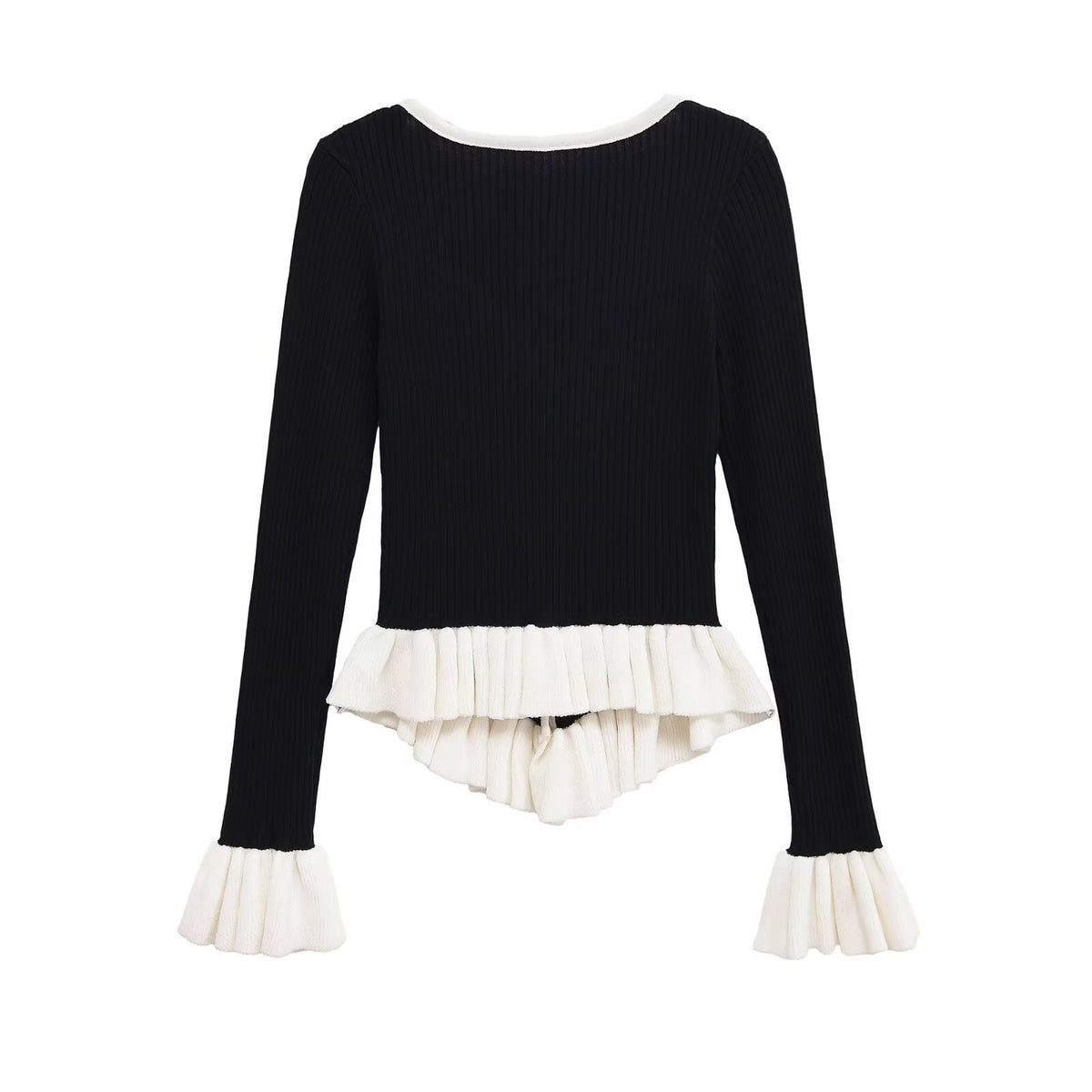 Vera | V Neck Knit Top Black Cream Ruffled Trim