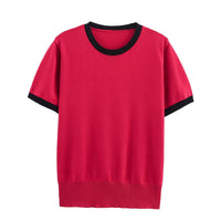Vera | Crew Neck Knit Top Gray Black Trim Short Sleeve