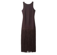Neve | Pleated Midi Dress Brown Fringe Hem