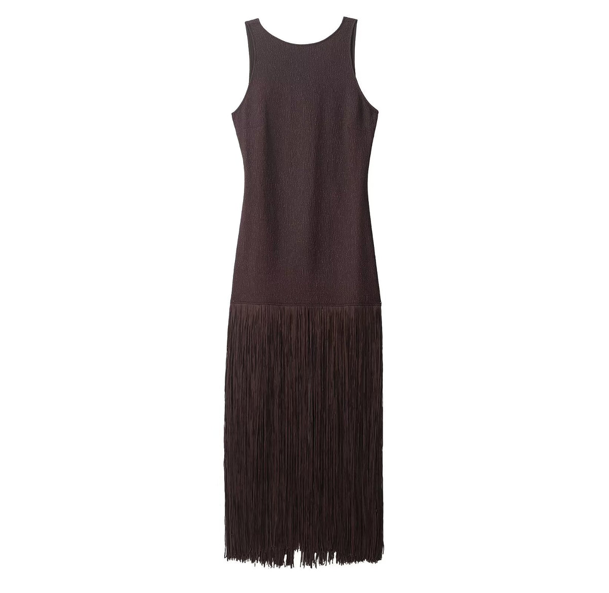 Neve | Pleated Midi Dress Brown Fringe Hem