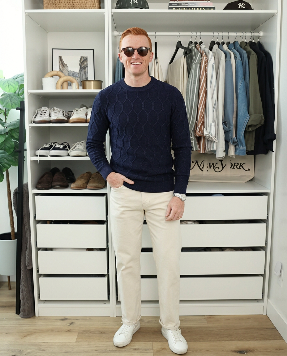 Tate | Cable Knit Sweater Navy Crew Neck