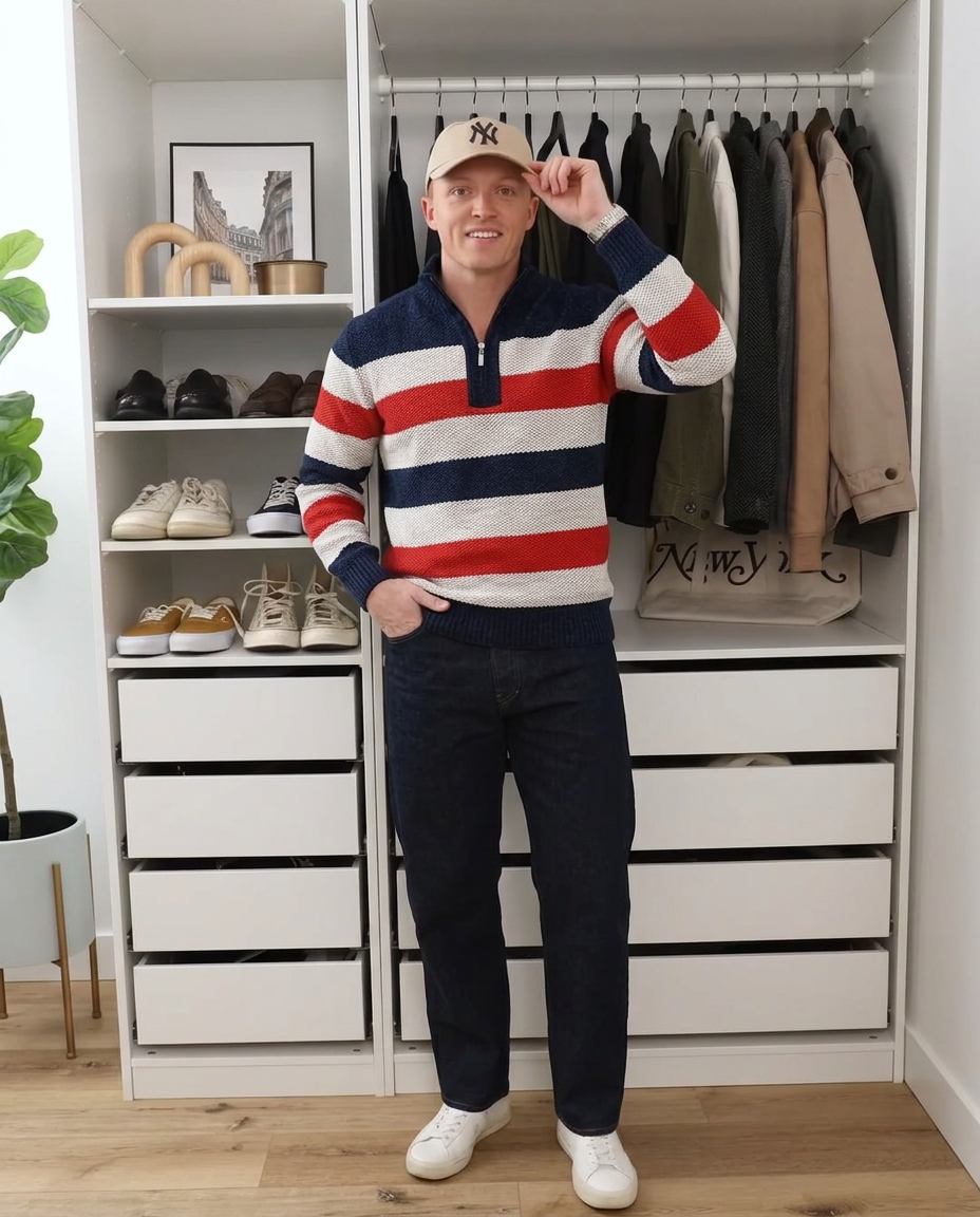 Blake | Quarter Zip Striped Sweater Navy Red Cream