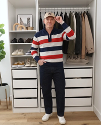 Blake | Quarter Zip Striped Sweater Navy Red Cream