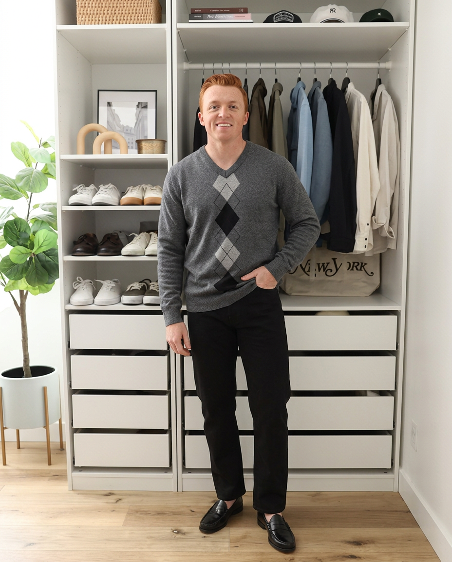 Pierce | Argyle V Neck Sweater Gray Charcoal