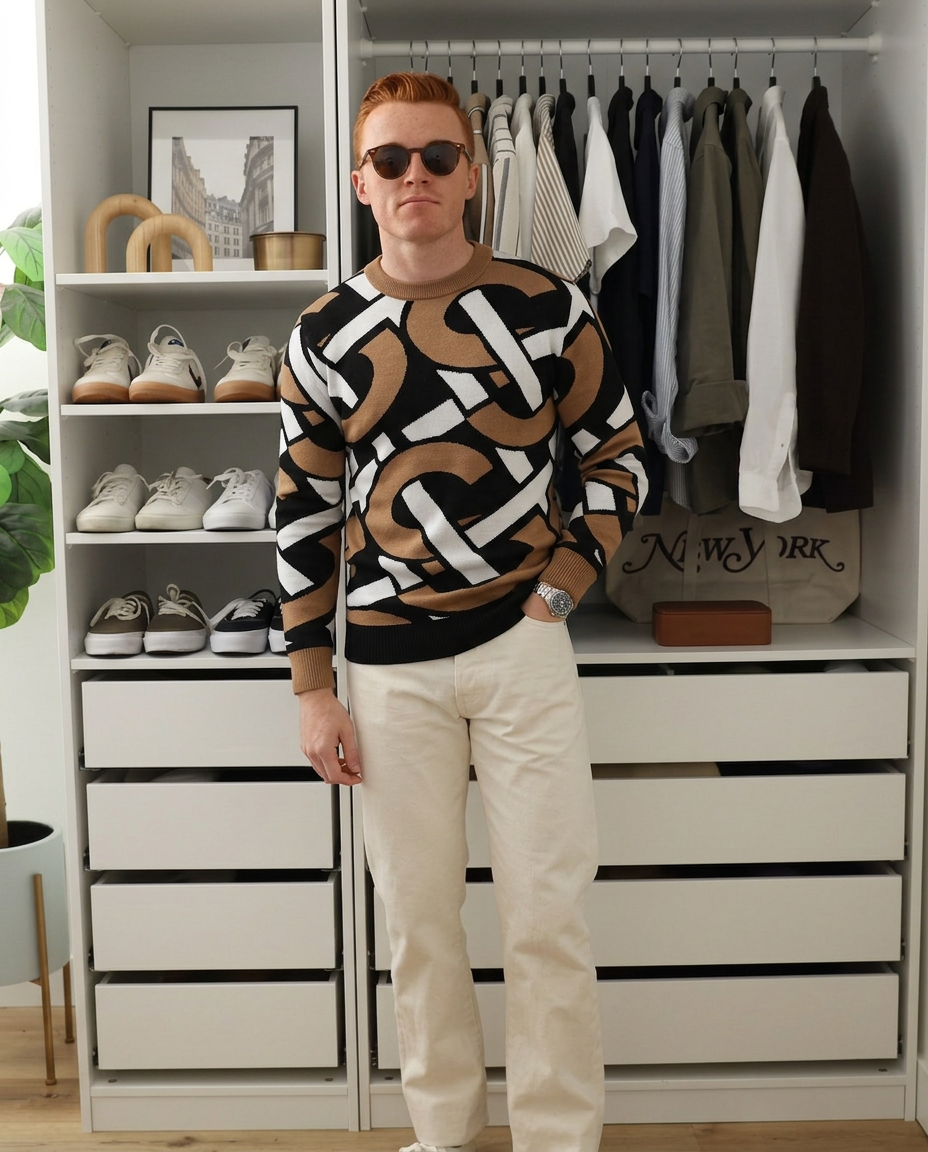 Ivan | Geometric Crew Neck Sweater Black Cream Tan