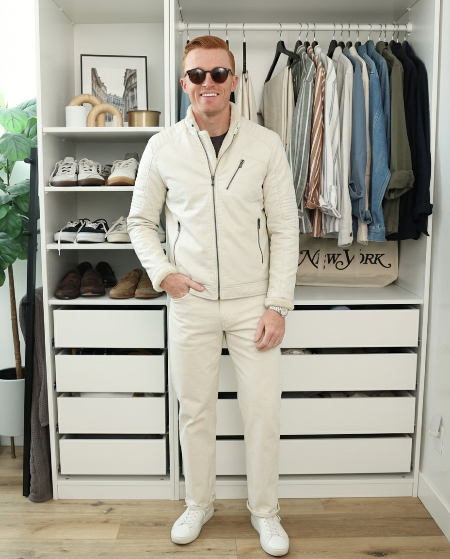 Blake | Moto Leather Jacket Cream Quilted Sleeves