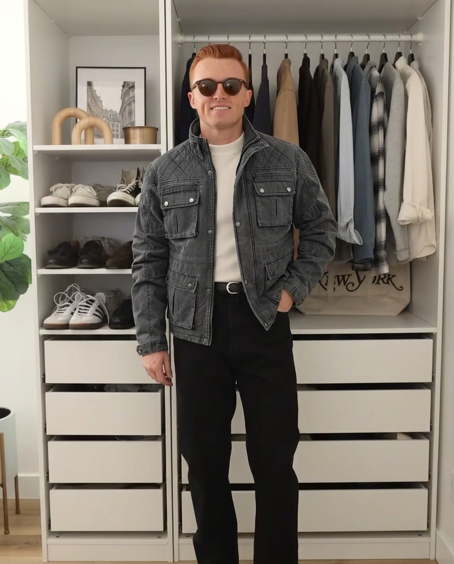 Blake | Utility Cargo Denim Jacket Charcoal Quilted