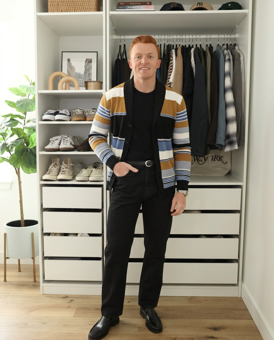 Wade | Casual Striped Cardigan Vest Black Gold Blue