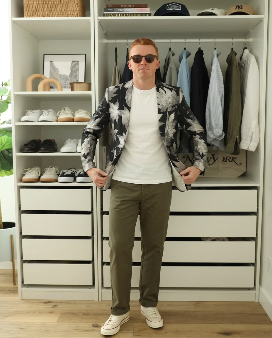 Blake | Floral Print Casual Blazer Black Cream Leaf Pattern
