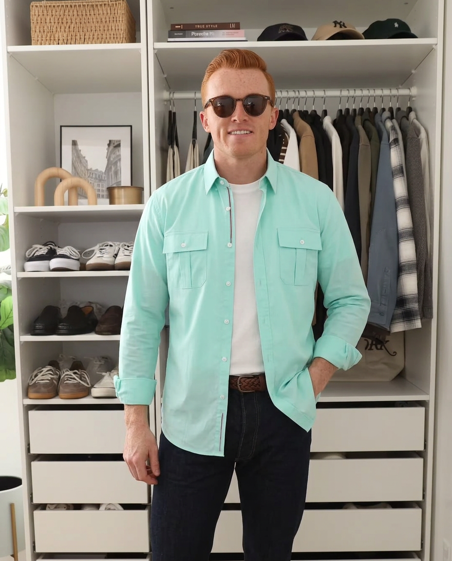 Callum | Utility Button Up Shirt Light Mint Long Sleeve