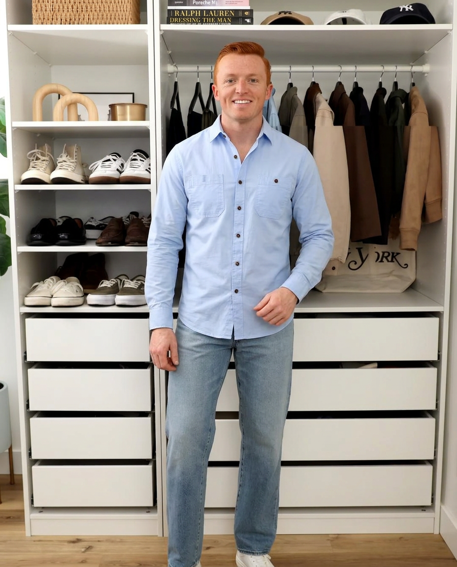 Vance | Mens Button Up Shirt Light Blue Long Sleeve Pocket Detail