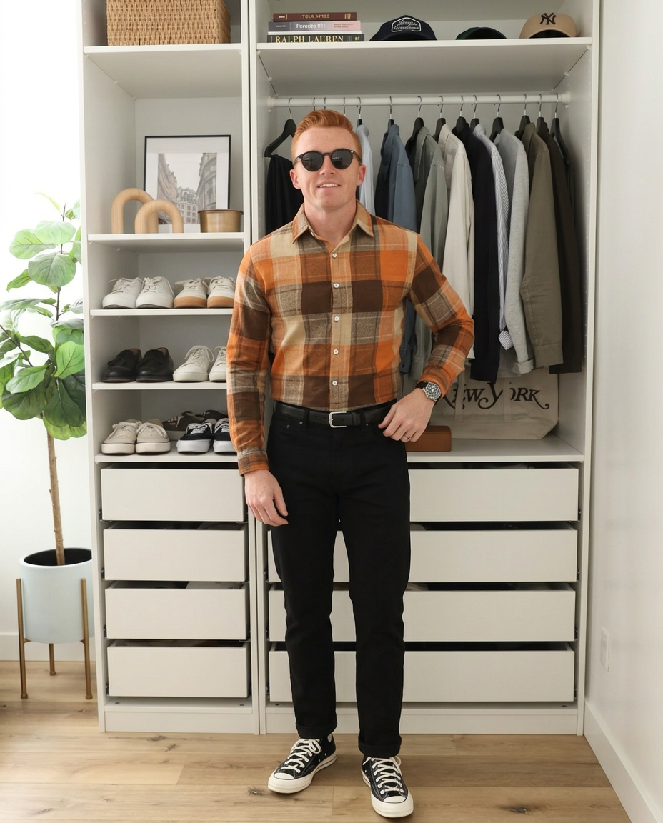 Cliff | Plaid Button Up Shirt Orange Brown Cream