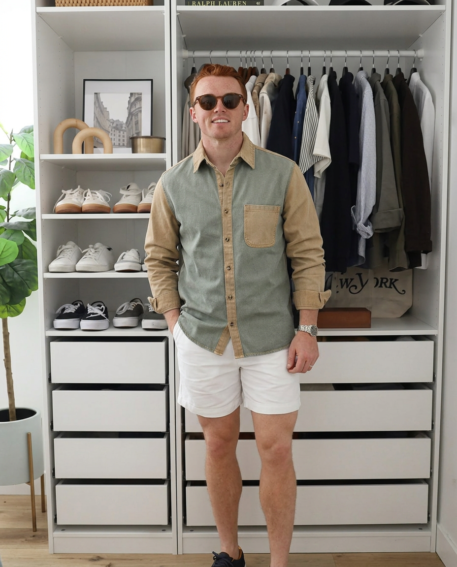 Blake | Casual Denim Shirt Sage Green Tan Colorblock