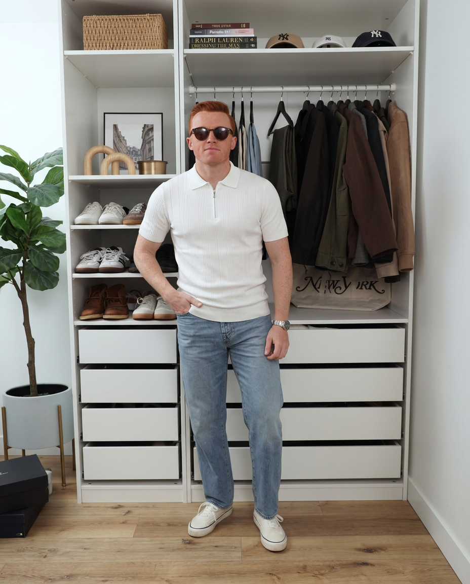 Theo | Ribbed Zip Polo White Short Sleeve
