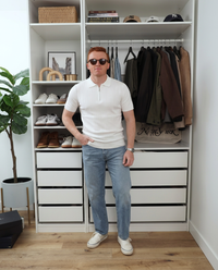 Theo | Ribbed Zip Polo White Short Sleeve