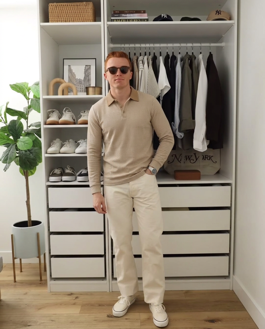 Beau | Casual Waffle Knit Polo Shirt Cream Long Sleeve