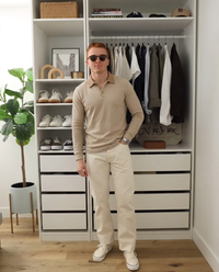 Beau | Casual Waffle Knit Polo Shirt Cream Long Sleeve