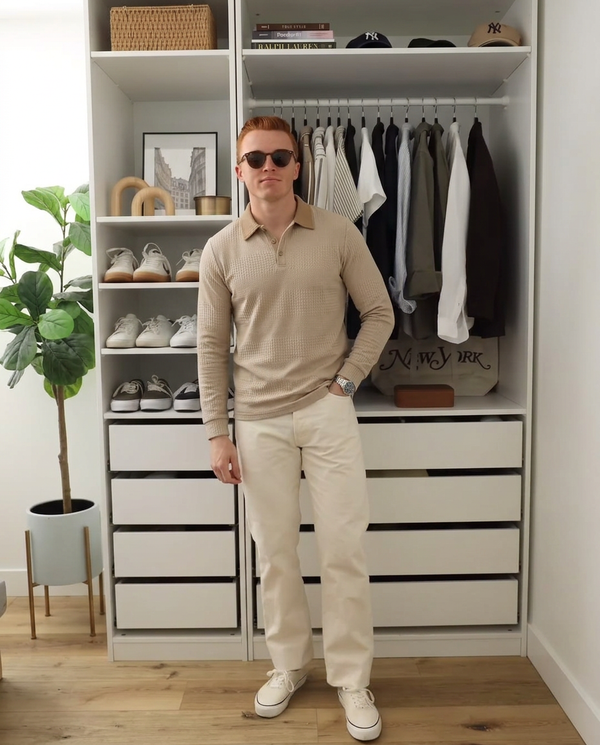 Beau | Casual Waffle Knit Polo Shirt Cream Long Sleeve