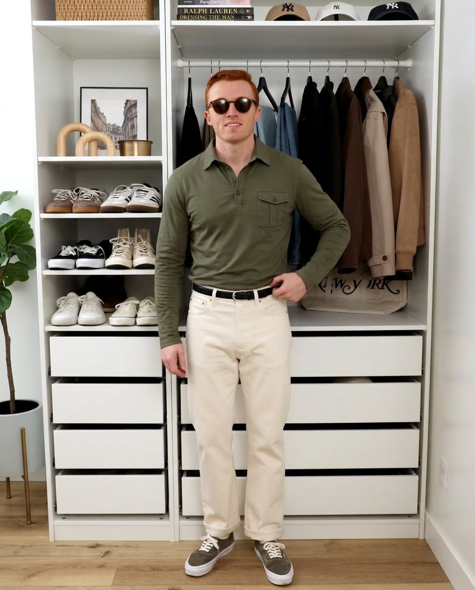 Theo | Casual Polo Shirt Olive Long Sleeve Chest Pocket