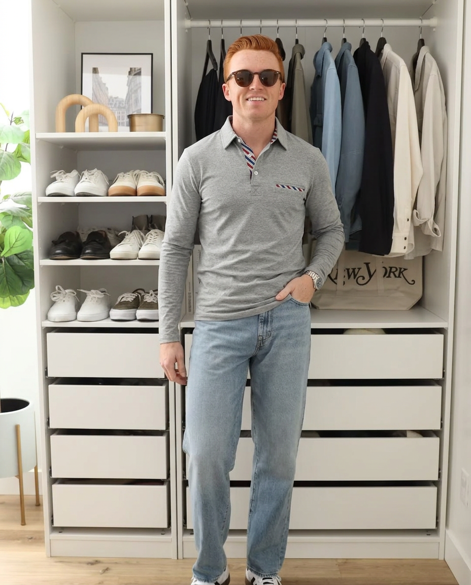 Reed | Mens Polo Shirt Gray Long Sleeve Striped Collar