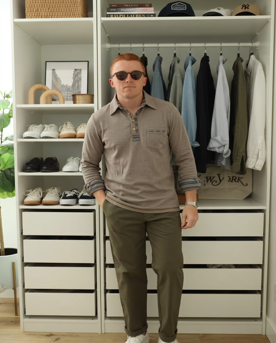 Jack | Casual Henley Polo Shirt Beige Striped Pocket