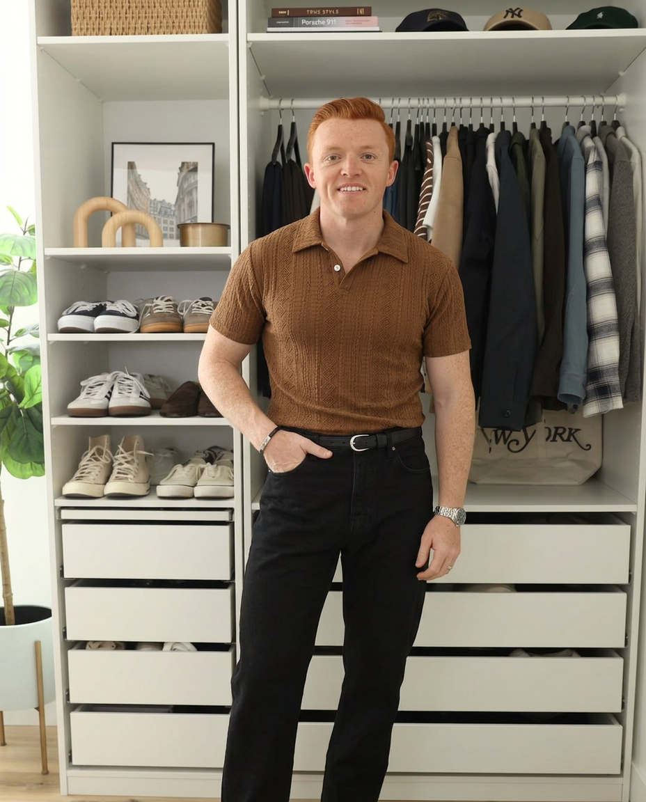 Callum | Mens Polo Shirt Brown Eyelet Embroidery