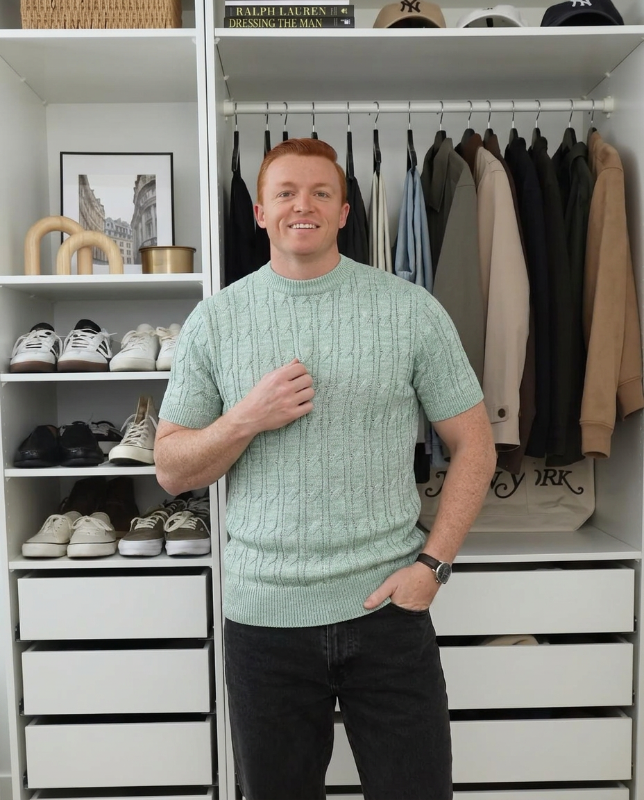 Otto | Cable Knit Short Sleeve Sweater Sage Green Crew Neck