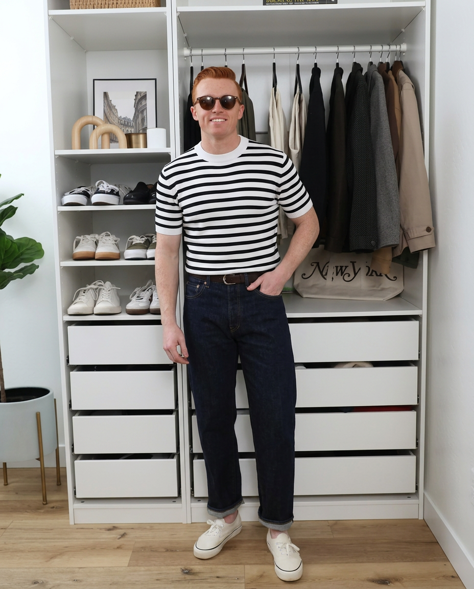 Rowan | Crew Neck Striped Sweater Black White Short Sleeve
