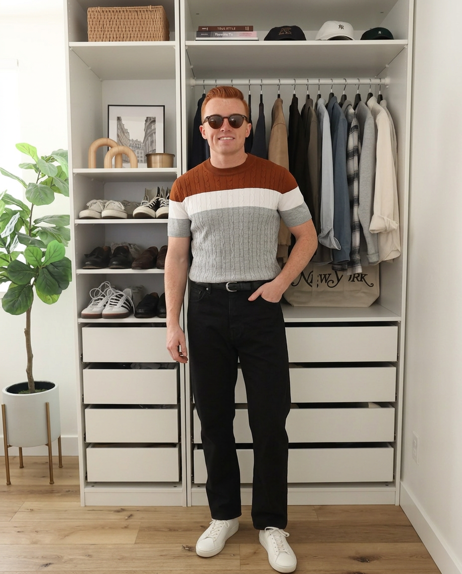 Blake | Cable Knit Colorblock Short Sleeve Sweater Rust Gray Cream