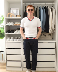 Romy | Preppy V Neck Mens T Shirt White Red Navy Stripe