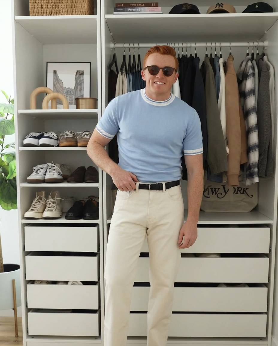 Grant | Crew Neck Sweater Light Blue White Trim