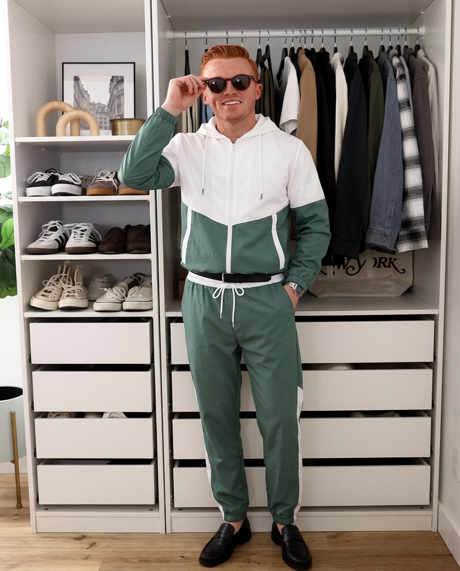 Shaw | Colorblock Zip Up Hoodie Tracksuit White Green