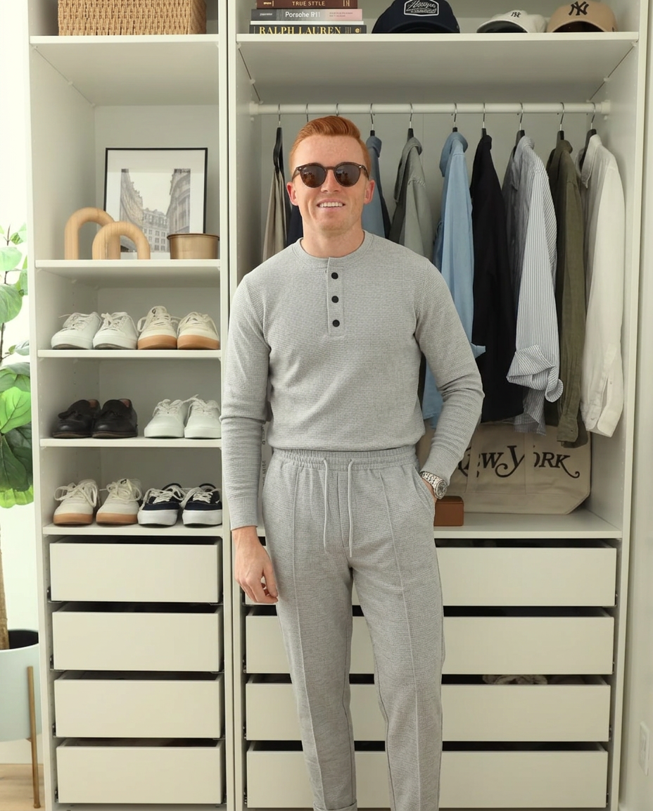 Otto | Casual Sweatsuit Gray Waffle Knit Button Detail