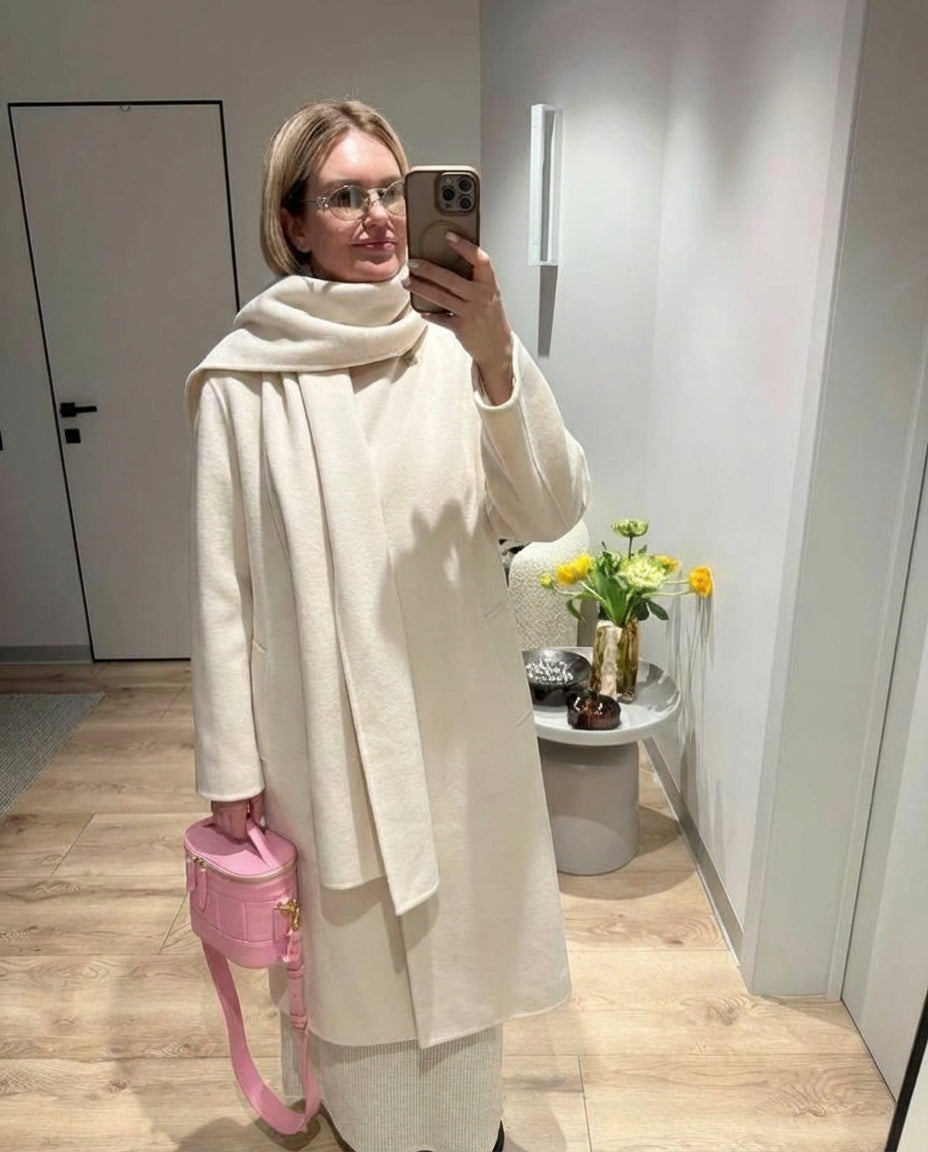 Vera | Wool Long Coat Cream Hooded Scarf Collar