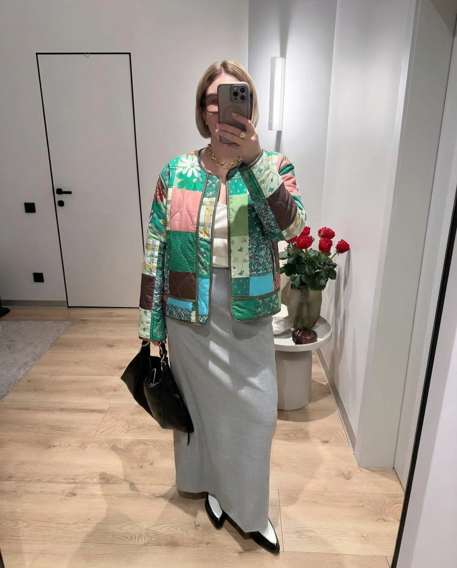 Thea | Patchwork Quilted Jacket Green Multi Floral
