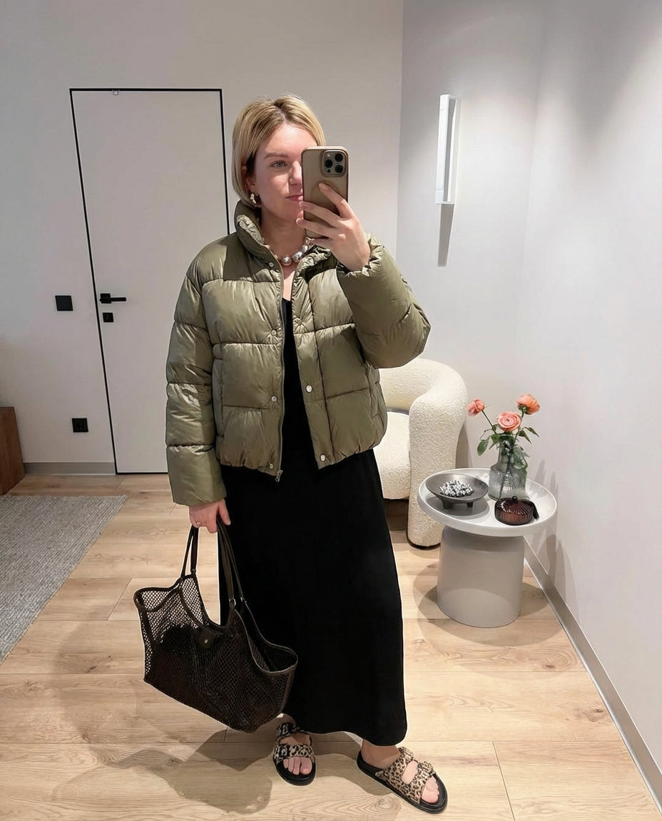 Luisa | Cropped Puffer Jacket Sage Green Button Front