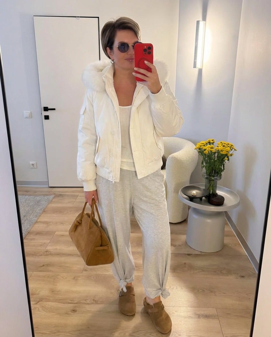 Vera | Puffer Jacket White Faux Fur Hood Button Front