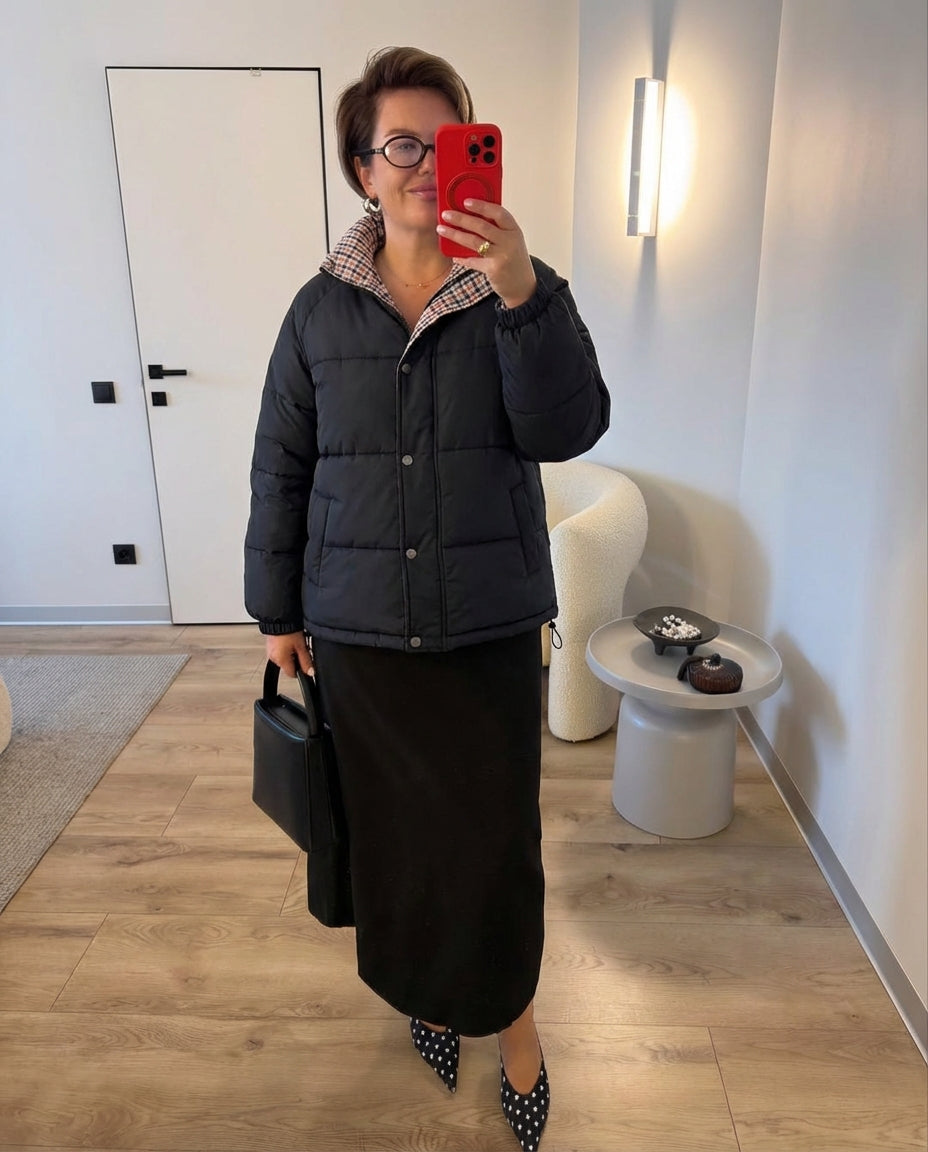 Vera | Puffer Jacket Black Quilted Reversible Plaid Lined
