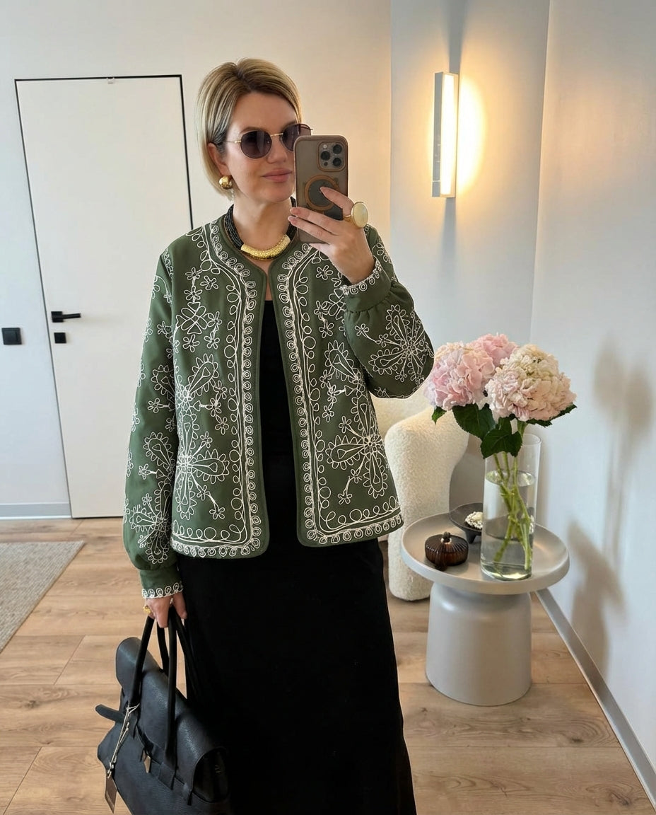 Neve | Embroidered Cropped Jacket Green Floral Detail
