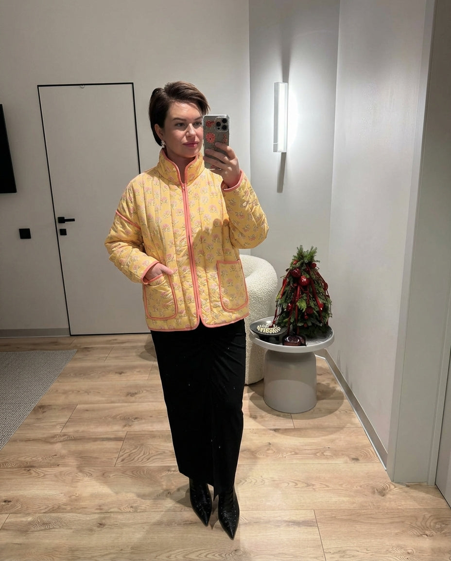 Isla | Quilted Floral Print Jacket Yellow Pink Trim