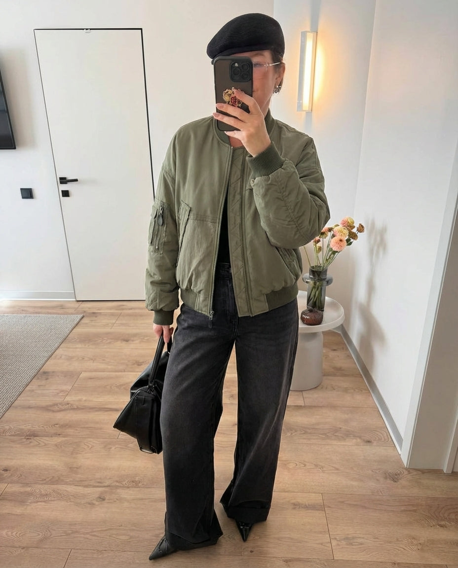 Sage | Oversized Bomber Jacket Sage Green Utility Pockets