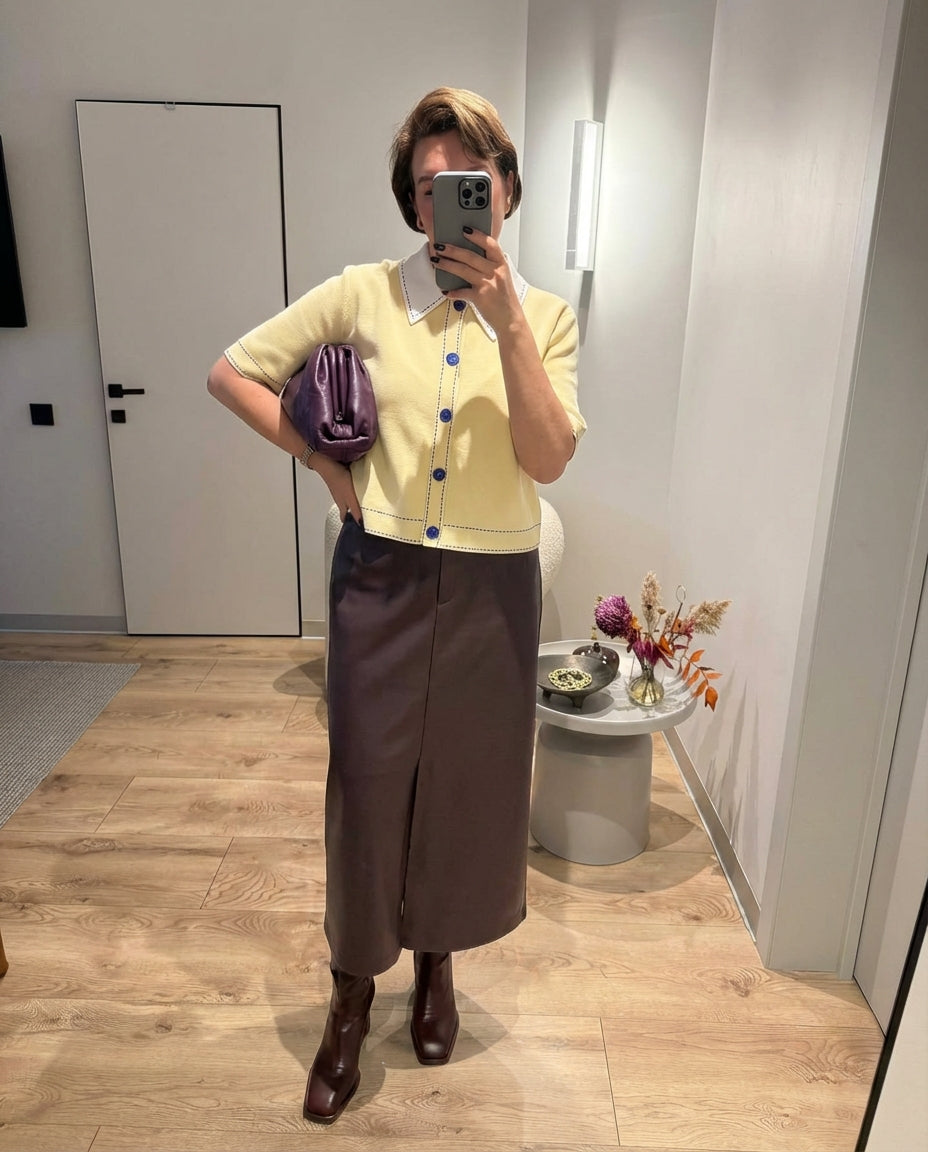 Ines | Short Sleeve Polo Shirt Yellow Contrast Stitching Collar