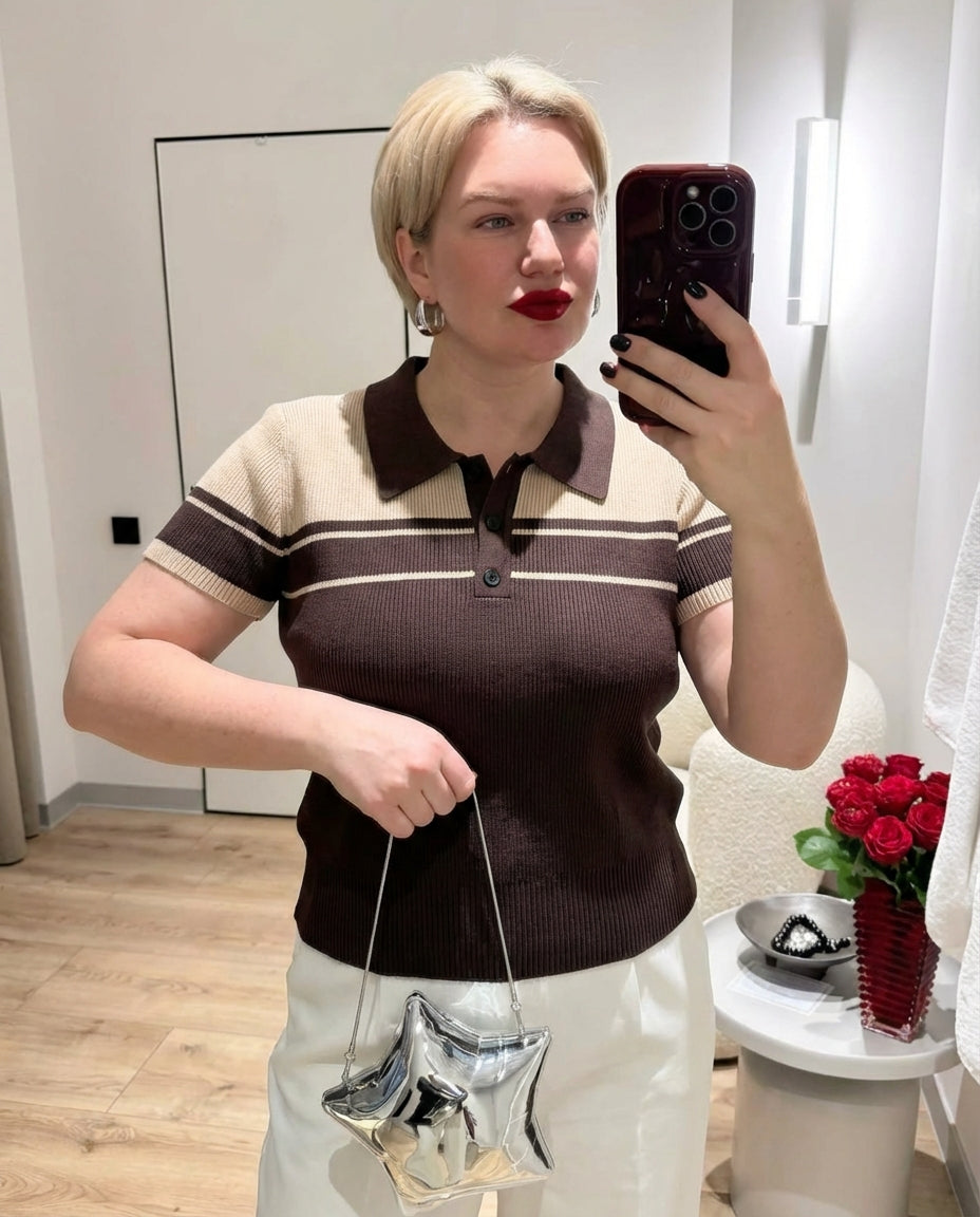 Cleo | Preppy Ribbed Knit Polo Cream Brown Striped Collar