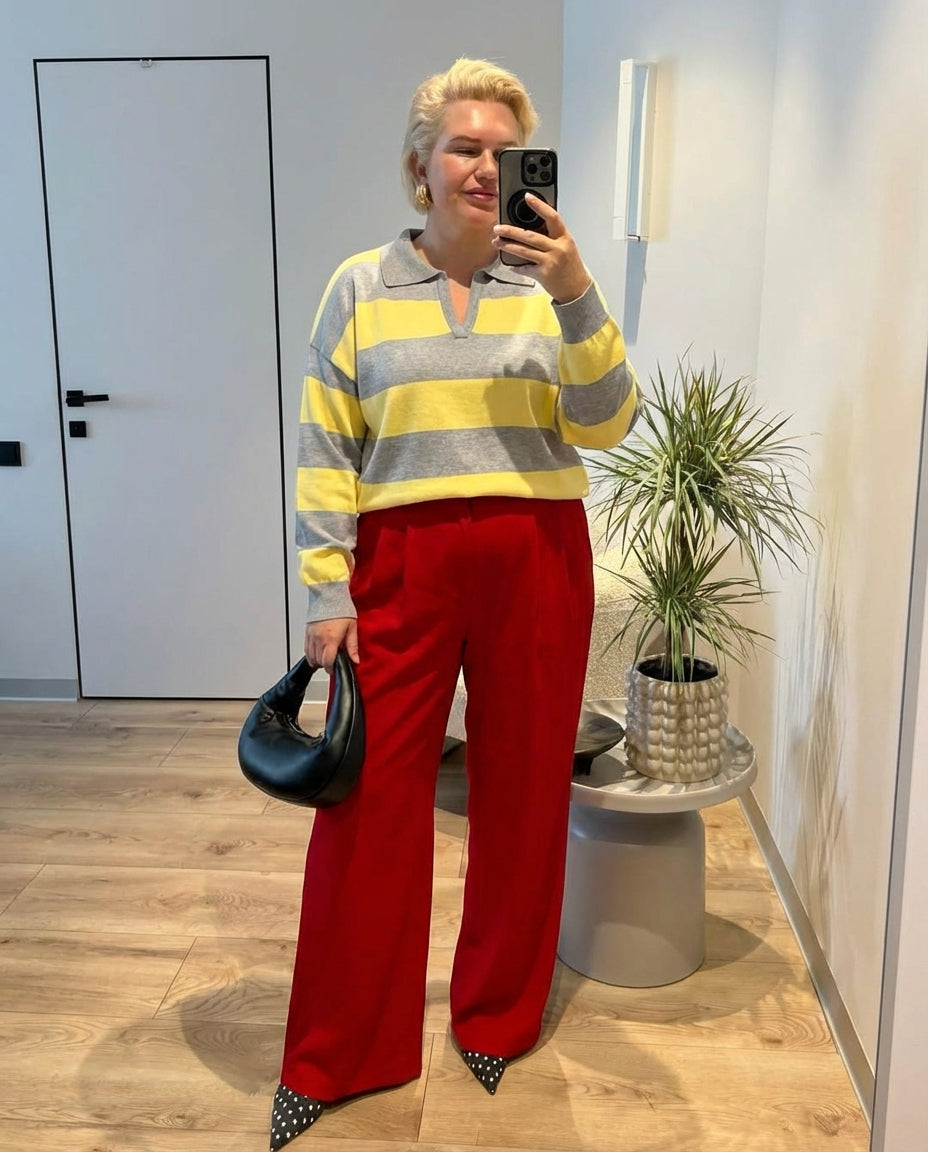 Aria | Striped Knit Polo Sweater Gray Yellow Collar