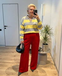 Aria | Striped Knit Polo Sweater Gray Yellow Collar