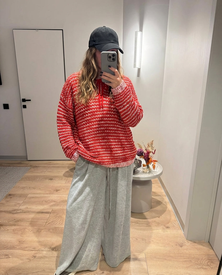 Vera | Open Knit Polo Sweater Red Collared Long Sleeve