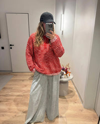 Vera | Open Knit Polo Sweater Red Collared Long Sleeve