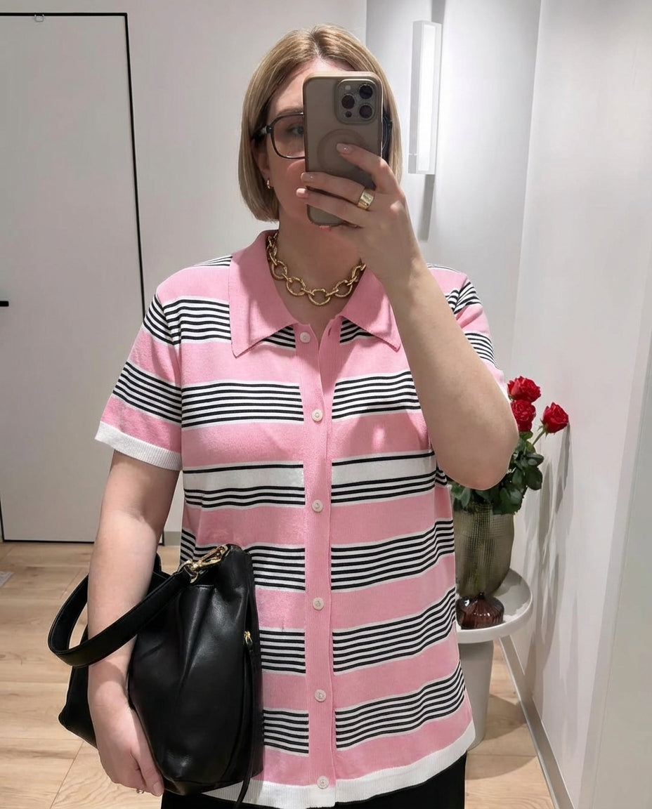 Mira | Striped Knit Polo Pink Navy White Short Sleeve Button